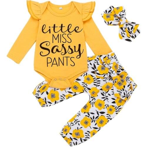 Childrens suit long-sleeved+hairband+trousers 3pcs Children Clothes girl letter T-shirt flower print Baby girl suit