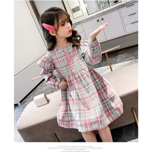 Kids Dress Girl Princess Dress Spring Flare Sleeve Dresses Fashion Kids Plaid Clothing 5 p/l