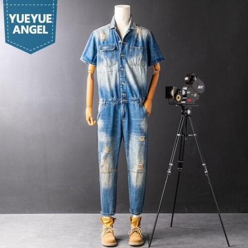 Vintage Mens Cargo Overalls Short Sleeve Summer One Piece Jeans Hole Ripped Washed Denim Jumpsuits Man Hip Hop Slim Fit Jumpsuit