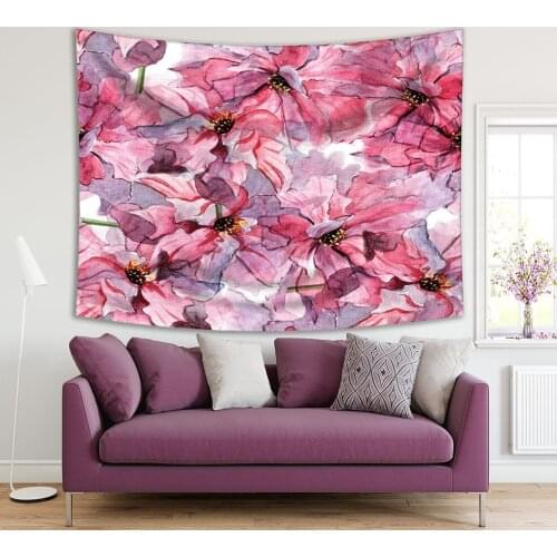 Tapestry Exotic Flowers and Leaves Pattern Oriental Style Watercolor Artwork Pink Purple Yellow