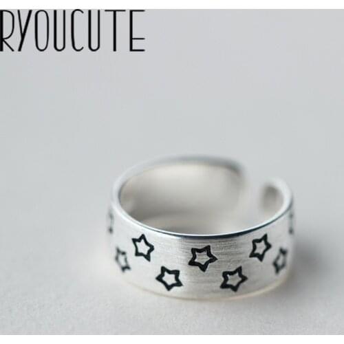 RYOUCUTE 100% Real Silver Color Exaggerated Personality Big Retro Star Rings for Women Statement Adjustable Finger Ring