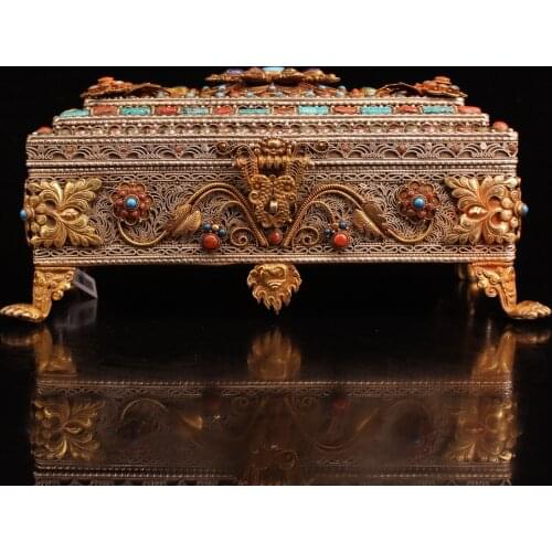 11"Tibet Temple Collection Old Bronze Gilt mosaic Gem Filigree Tibetan silver Relic box Duobao Box Jewelry Box Ornaments