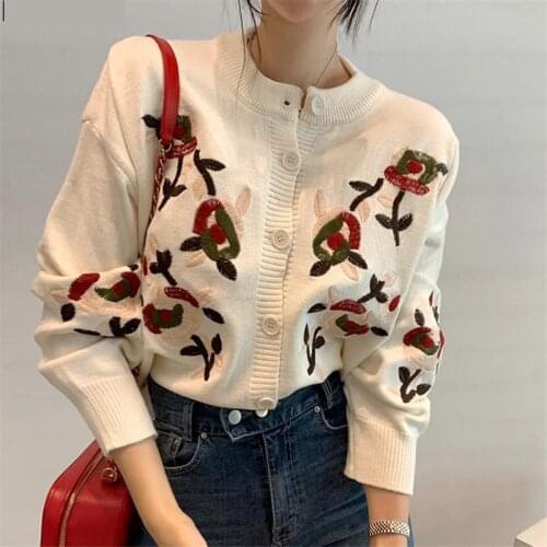 Korean Floral Embroidered Vintage Cardigan Sweater Women Long Sleeve Single-breasted Elegant Fashion Ladies Jumpers Tops 2021