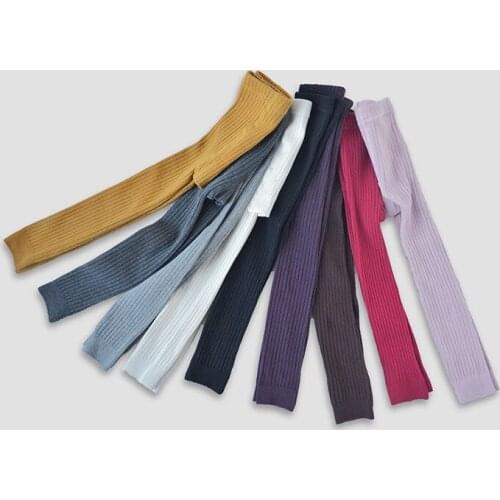 New Combed Cotton Girls' Leggings, Solid Color Vertical Striped Knitted Childrens Ninth Pants