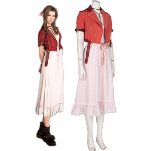 Hot Game Girls Aerith Cosplay Costume Final Fantasy VII Cosplay Pink Grid Dress Woman Elegant Dress Set