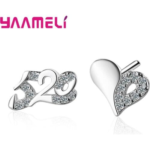 Sweet Gifts 925 Sterling Silver Jewelry 5A High Grade Zircon Stone with Heart and I Love You Asymmetric Pendientes Brincos
