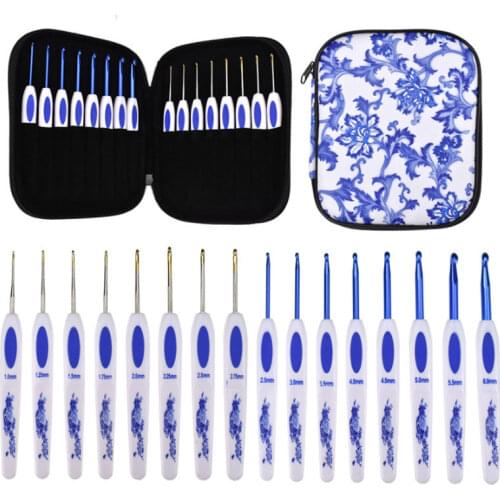 KOKNIT 1 set 16 PCS Crochet Hooks Set Blue and white porcelain Aluminum Yarn Knitting Hooks Needles Weaving Craft Tool with Case