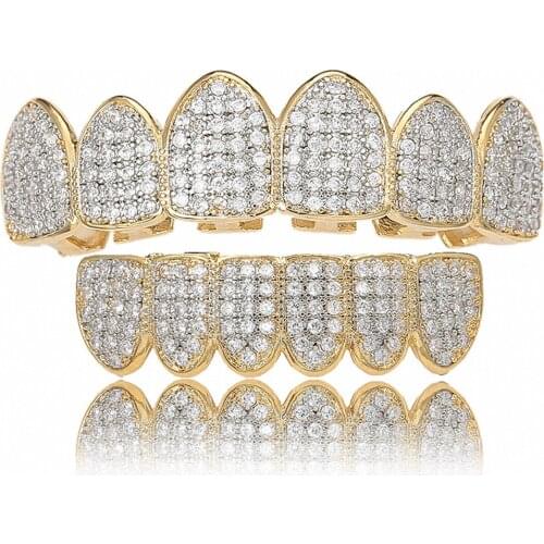 Hip Hop Teeth Grillz Set For Unisex Iced out Top Bottom Mouth Gold Silver Color Teeth Grills Tooth Caps Dental Fashion Jewelry