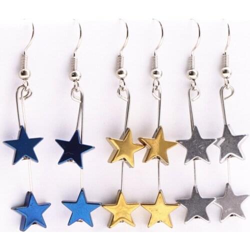 New Original Dangle Earrings for Women Natural Stone Hematite Star Pentagram 10mm Long Tassel Eardrop Ear Ethnic Jewelry A541