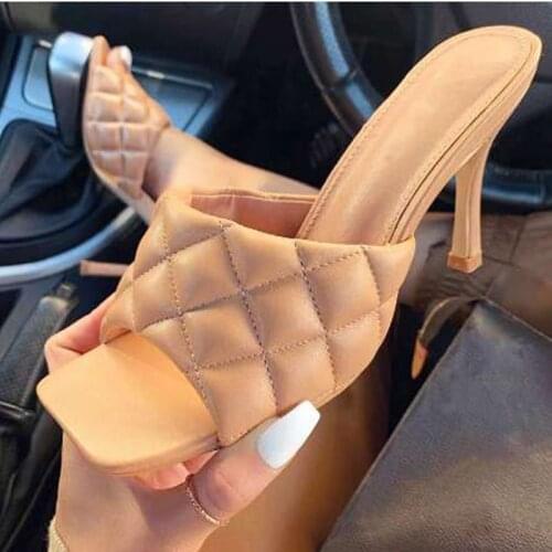 NEW Sexy PU diamond Square head Peep Toe High Heel Slippers Summer Fashion Slip On Thin Heels Slides Women Mules Party