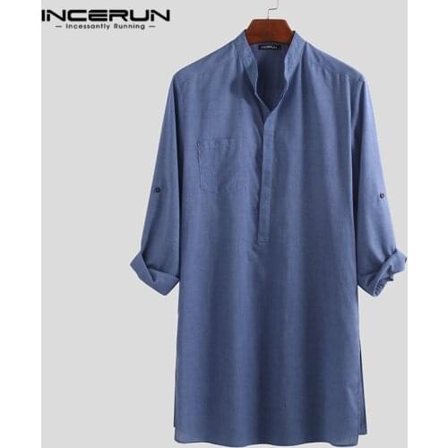 INCERUN Men Shirt Solid Color Stand Collar Long Loose Vintage Casual Tops Indian Clothes Camisa Sleeve Men Long Shirts 2021 5XL