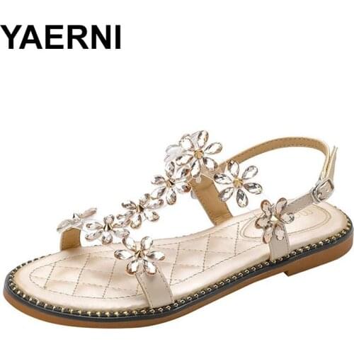YAERNI Gladiator Flat Womens Sandals Summer Stylish Casual Luxury Rhinestone Breathable Open Toe Beach Shoes