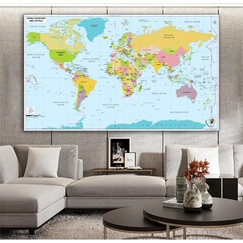 Modern World Map Canvas Painting English Map Poster Print Wall Art Picture for Travel Living Room Office Decor Cuadro