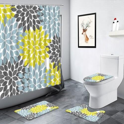 Creative Floral Shower Curtain Set Bath Mat Gray Yellow Abstract Flower Bathroom Decor Carpet Non-slip Door Rug Toilet Lid Cover