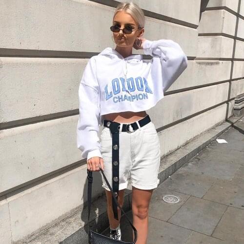 Women White Sweatshirts Sexy Long Sleeve Drawstring Hooded Crop Top Letter Print Classic Tees Female Fashion Casual Hoodies