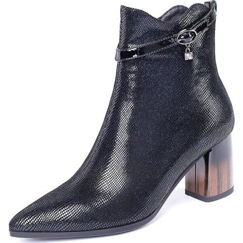Women Ankle boots Genuine Leather feet length ankle boots for women pointed toe side zipper winter shoes women