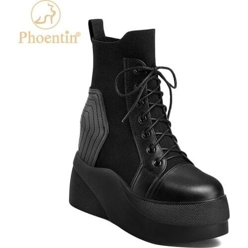 Phoentin Womens casual winter boots fashion laceup wedge Platform shoes high quality short boot for lady Black FT1195