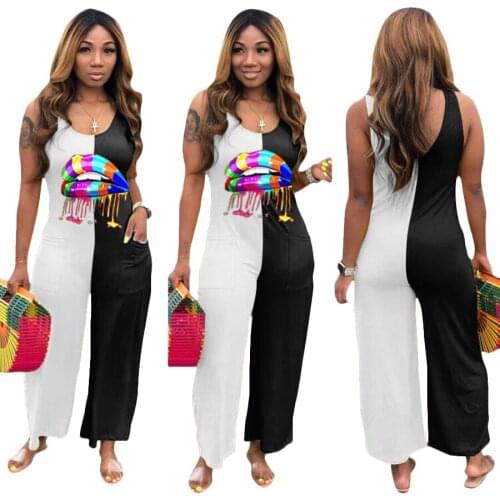 2020 Summer Women Elastic Sleeveless Loose Beach Mouth Print Jumpsuits Rompers Night Club Party Bandage One Piece Outfits G1091