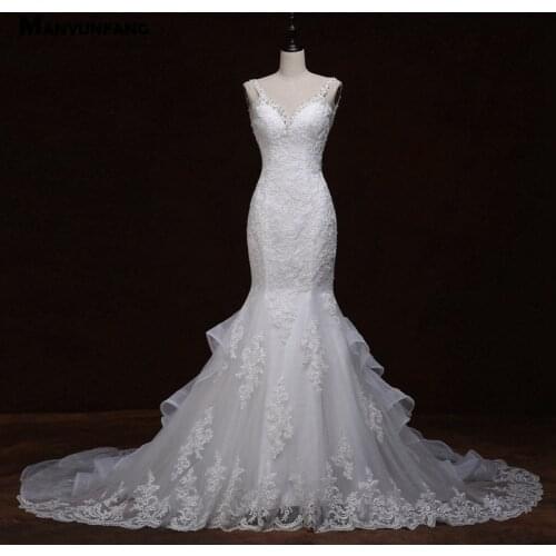 Elegant Deep V-Neck Lace Appliques Tulle Sleeveless Crystal Mermaid Wedding Dress Luxury Chapel Train Backless Bridal Gown