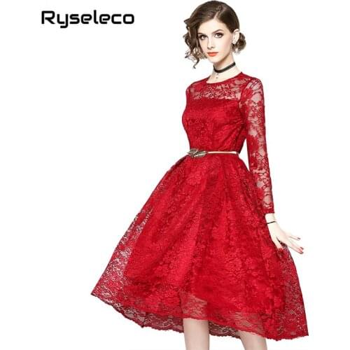 Women Autumn Mesh Floral Lace Dress Runway Ladies Long Sleeve O-Neck Party Dresses Elegant Female Casual Sexy Flare Midi Vestido