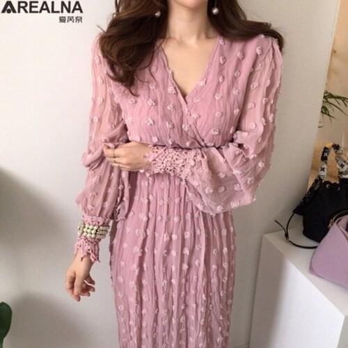 2020 autumn Women Maxi Dress long Sleeve pink Lace sexy v-neck Runway Dress korean fashion Office lady Party dresses Vestidos