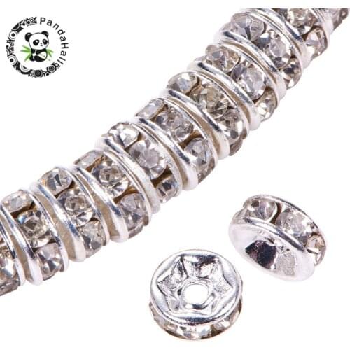 100pcs 6mm 7mm 8mm Brass Rhinestone Spacer Beads Grade A Rondelle Crystal Rhinestone Beads Silver Color Hole: 1.5-2mm