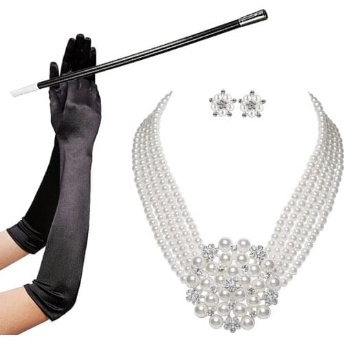 1950s Costume Jewelry Accessory Set Pearl Necklace Earring Glove Cigarette Holder Audrey Hepburn Breakfast at Tiffanys