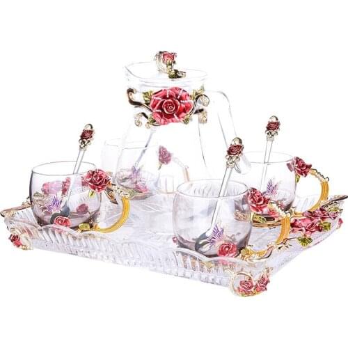 EUROPEAN ENAMEL COLOR WATER BOTTLE KETTLE SET WITH TRAY WITH SPOON HEAT-RESISTANT GLASS HOME TEA CUP GIFT GLASS CUPS