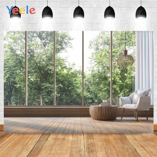 Yeele Indoor French Window Green Trees Sofa Table Relaxing Background Photophone Photography Backdrops for Decor Customized Size