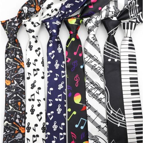 Classic Fashion Mens Skinny Tie Colorful Musical Notes Printed Piano Guitar Polyester 5cm Width Necktie Party Gift Accessory