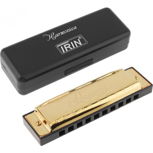 Gold 10 Hole 20 Tone Blues Harmonica Key of C Mouth Organ Musical Instrument Educational Toy with Black Storage Box
