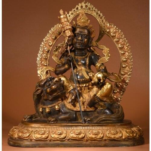 13"Chinese temple collection Old Bronze Gilt Real gold Treasure King Huang Caishen Lion riding Back light Sitting Buddha