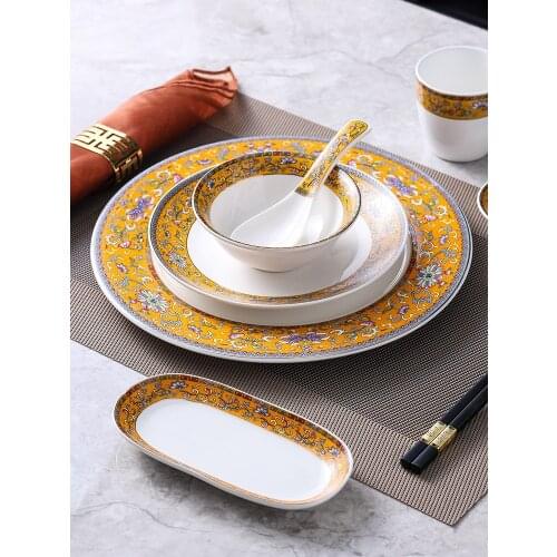 Home Tableware Hotel Tableware Ceramic Tableware Set Plate Bowl Chopsticks Spoon Golden One Person Ceramic Tableware Plate Combi