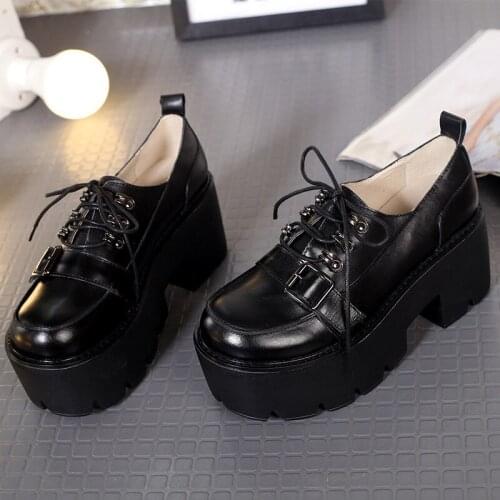 Punk Real Leather Shoes Woman College Style Thick Heels Platform Shoes Pumps High Quality Fashion Round Toe Gothic Black Shoes