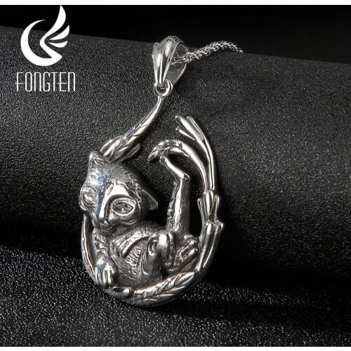 Fongten Reiki Cat Chakra Amulet Men Women Pendant Necklace Stainless Steel Zircon Cats eye Retro Couple Jewelry Halloween Gift