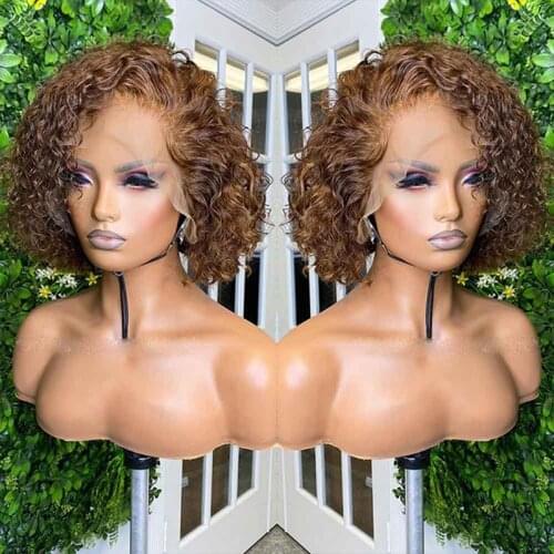 Curly Lace Front Human Hair Wigs Short Bob Brown Color Lace Front Wig Brazilian Remy Lace Closure Wig For Women Glueless 180