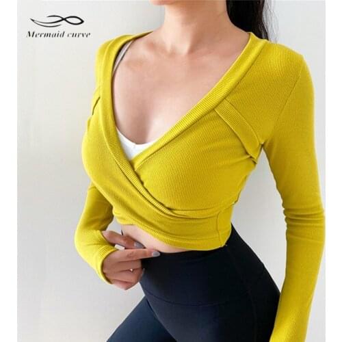 Mermaid Curve Sports T Shirts Women Sexy Deep V Cross Short Style Yoga Shirts Women Long Sleeve Workout Fitness Dance Crop Top