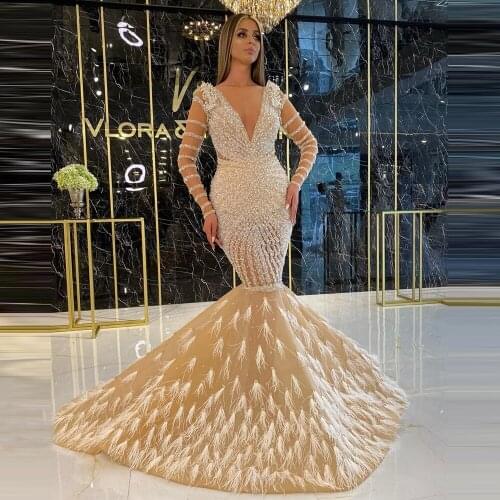 Sexy V Neck Prom Dresses Sheer Sleeve Sequin Crystals Formal Dress Abendkleider Feather Evening dress Party Gowns Robe de soiree