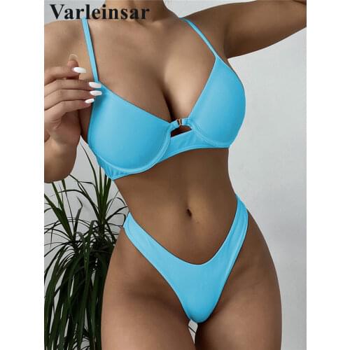 Sexy High Cut Cross Back Bikini Female Swimsuit Women Swimwear Two-pieces Bikini set Underwired Bather Bathing Suit Swim V3084