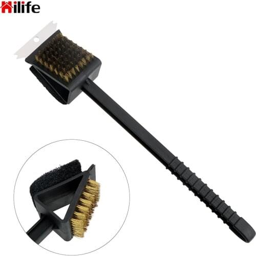 BBQ Cleaning Brush Long Handle 3 in 1 Corner Copper Wire Brush Barbecue Grill Oven Cleaning Copper Wire Sponge Shovel