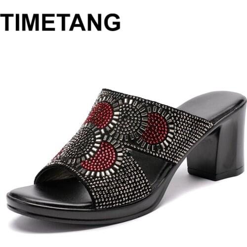 TIMETANG women slipper summer shoes 2020 ladies summer genuine leather slippers shoes women rhinestone high heel slippers