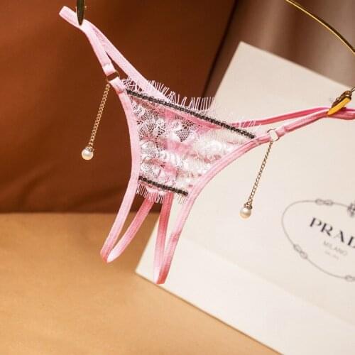 Women Clothing Sexy Open Crotch Lace Panties Pearl Pendant Pink Thong Female Briefs Erotic Embroidery See Through G String Sexi