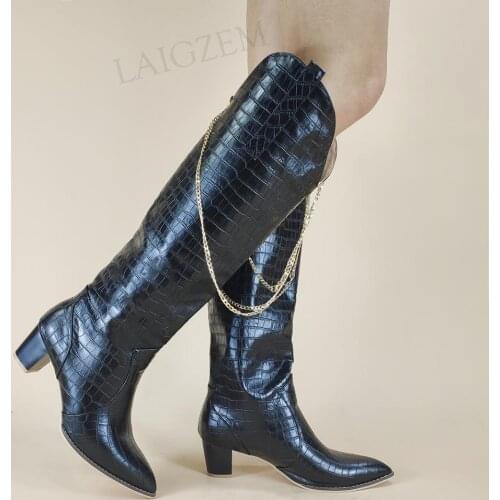 LAIGZEM Women Knee High Boots Embossed Faux Leather Metal Chians Black Botas Mujer Ladies Shoes Woman Big Size 33 37 45 46 48
