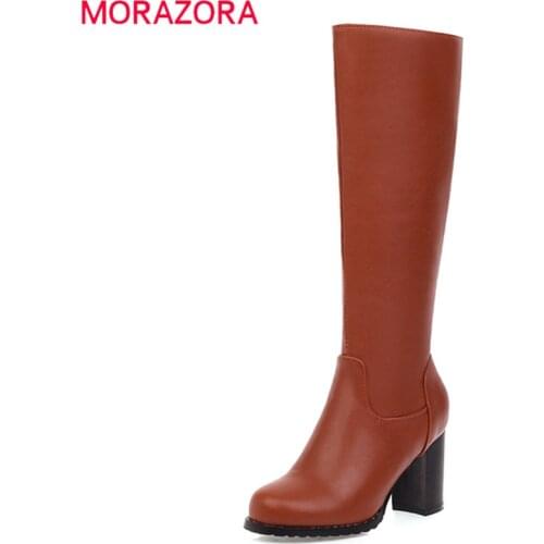 MORAZORA 2020 Big size 34-43 winter keep warm knee high boots thick high heels round toe ladies shoes pu leather women boots