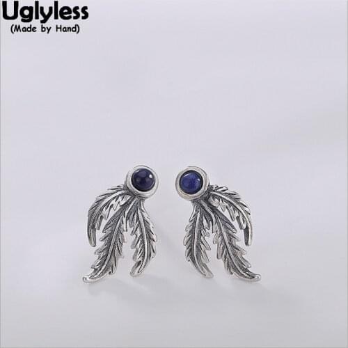 Uglyless Ethnic Phoenix Feather Stud Earrings for Women Nature Blue Lapis Studs Handmade 100% Real Solid 925 Silver Fine Jewelry