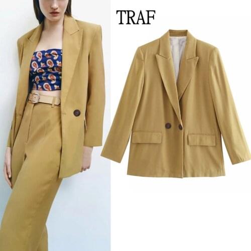 TRAF Za 2021 Woman Blazer Autumn Khaki Loose Long Sleeve Jacket Oversize Womens Jacket Vintage Top Women Clothing Female Suit