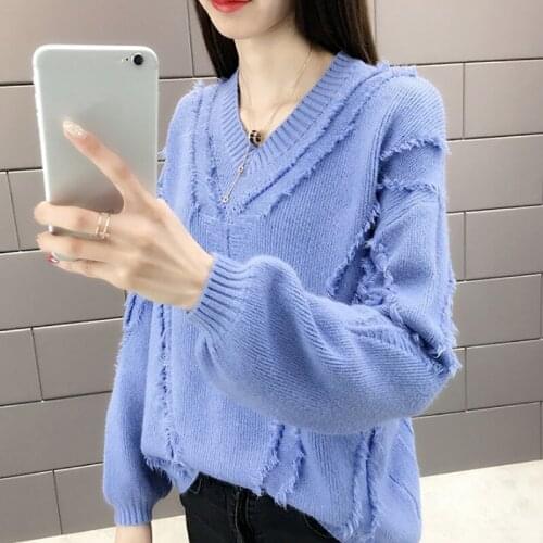 Spring Loose Solid Women V-neck Lantern Sleeve Pullover Knit Bottoming Shirt 2021 New Korean Short Knitwear Sweater Pull Femme