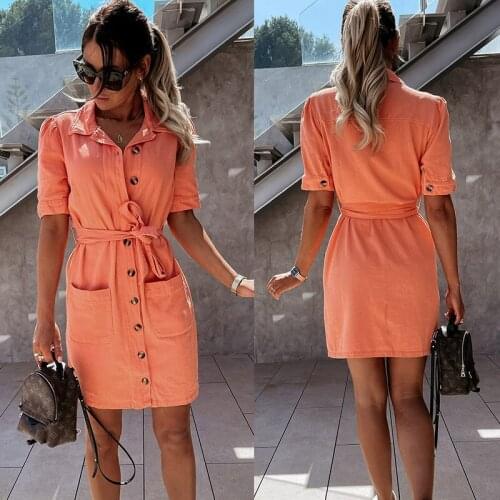 Womens Denim Dress Knee-Length Summer Sexy Buttons Short-sleeved Breasted Casual Loose Office Lady Party Slim Sashes Dress