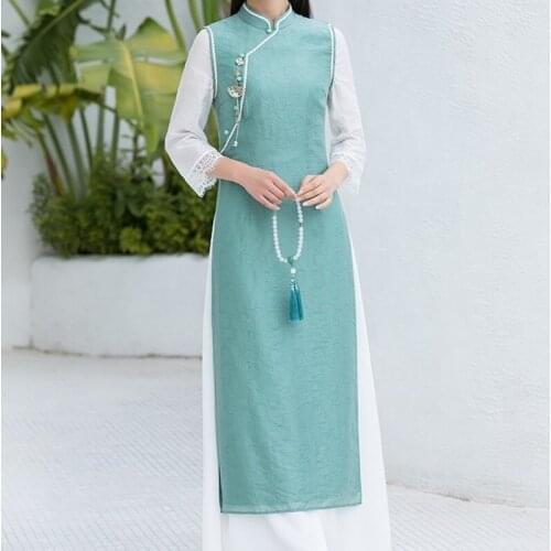 Women Elegant Ao Dai Long Sleeve Summer Vietnam Dress 2021 New Retro Stand Collar Cheongsam Suit Asian Clothes Tea Qipao 12023