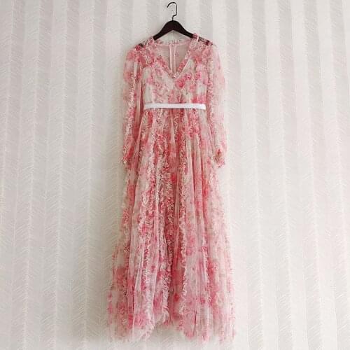 Summer 2021 Fashion womens floral print V-neck mesh dress High quality ruffles birthday party dress B458